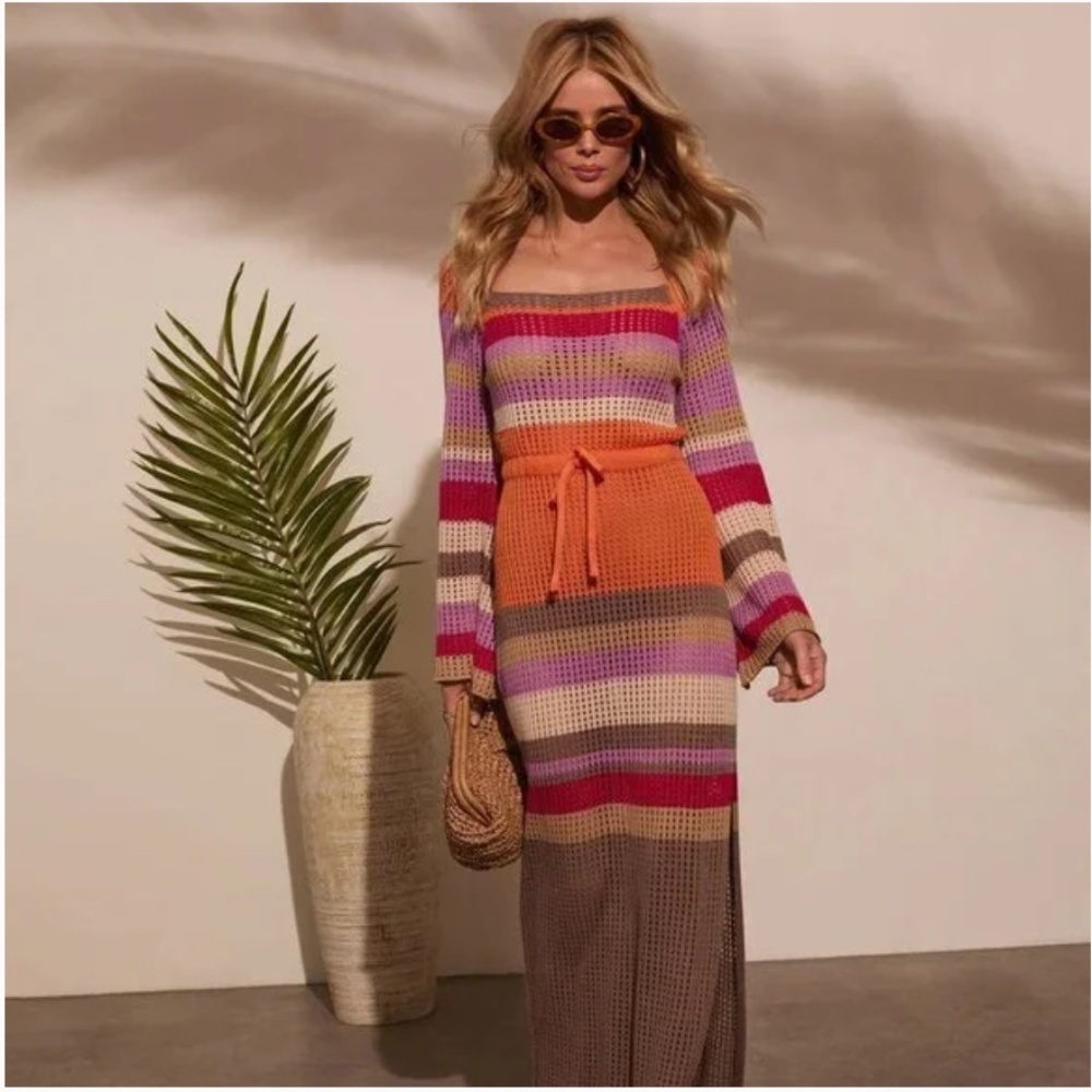 Vici By The Sea Crochet Maxi Cover Up Dress Size Small Striped Pink Orange